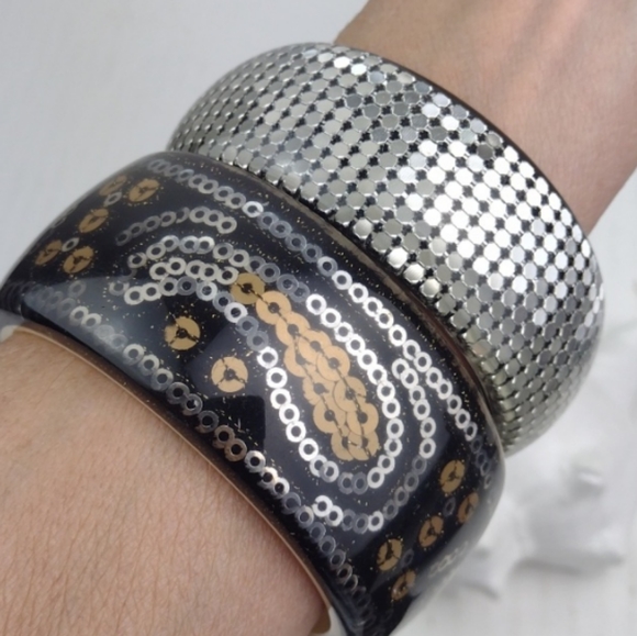 2 Blingy (1 Paisley) Boho Disco Resin Coated Chunky Cool Bangles EUC - Picture 11 of 12